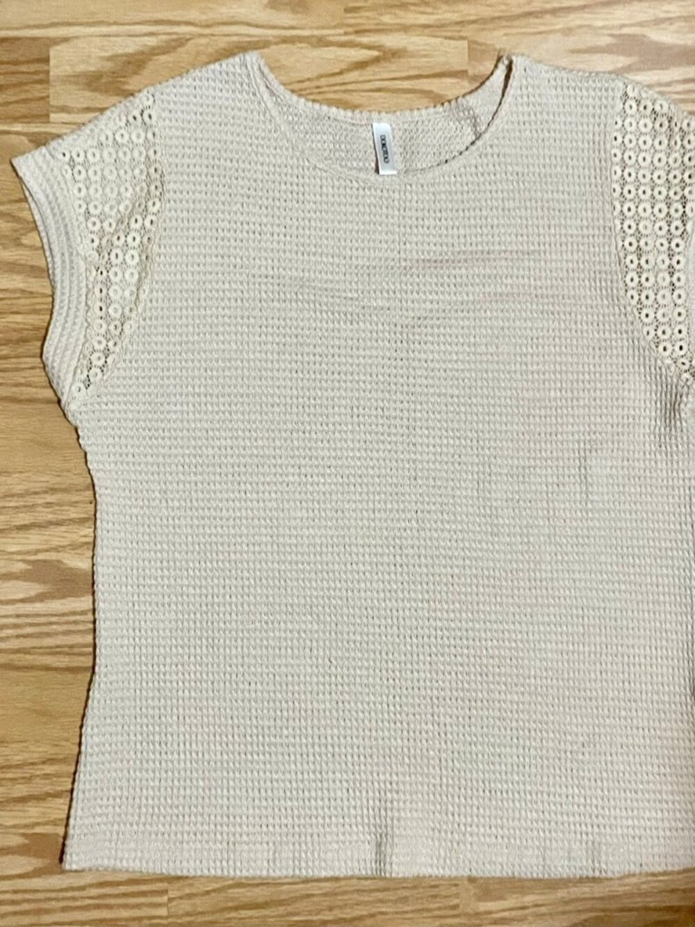 Dokotoo Beige Sheer Sleeve Waffle Knit Tee